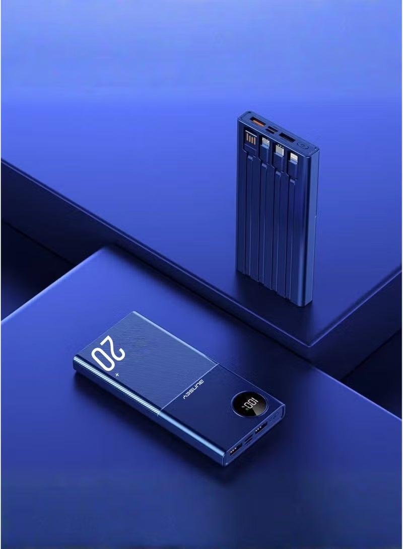 BUNSEY باور بانك 20000 مللي أمبير شحن سريع 22.5 واط مع 4 كابلات مدمجة، 2 USB + 2 PD، شاشة رقمية لعرض البطارية وزر الطاقة – شحن متعدد الأجهزة للهواتف الذكية والأجهزة اللوحية – BP55 أزرق - Image 2